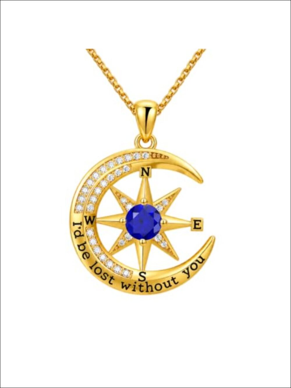 14K Gold Plated Compass Necklace Blue Sapphire Moon Pendant Women Gift